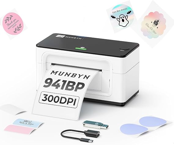 MUNBYN Bluetooth Thermal Label Printer 300DPI 4x6 for Shipping Packages Postage Address Home Small Business, Compatible with Etsy, Shopify, Royal Mail, FedEx, UPS, 941BP, White