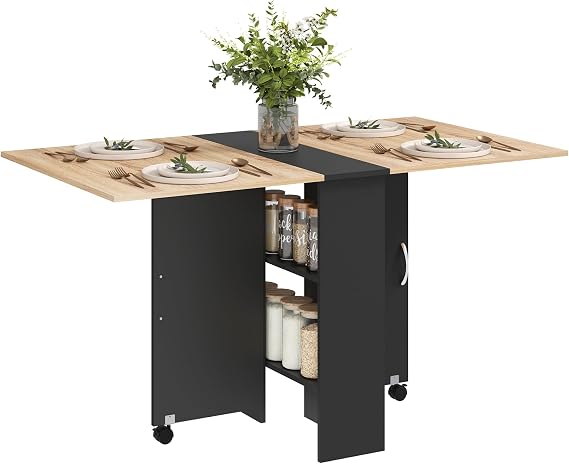 HOMCOM 80-140 cm Folding Dining Table for 4-6 People Drop Leaf, Oak & Black
