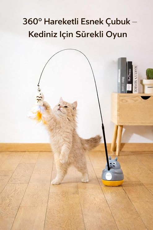 DUFFA Hareketli Dönebilen Olta Kedi Oyuncağı, Yere Veya Duvara Yapıştırılabilir Olta Oyuncak, Esnek Çubuklu Balıklı Tüylü Kedi Oyuncağı