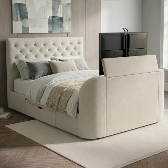 happybeds Kira White Fabric TV Bed, 4ft6 Double, Frame Only, 2 Drawers