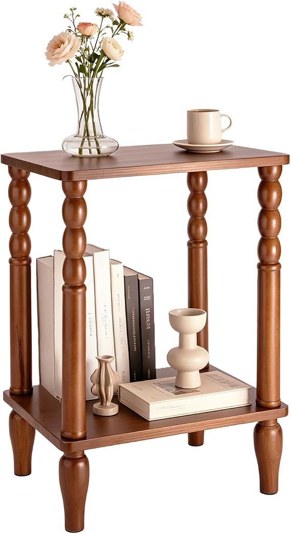 Solid Wood End Table with Storage Shelf, 2-Tier Small Side Table with Vintage Spindle Legs, Narrow Nightstand for Living Room, Bedroom & Small Spaces, Easy Assembly, Brown