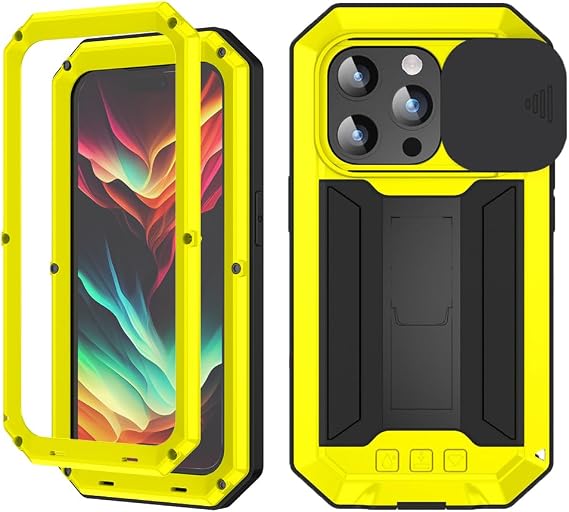 FW iPhone 15 Pro Max メタルケース スライドカメラカバー付き 内蔵スクリーンプロテクター フルボディ ハイブリッド iPhone 15 Pro Maxケース メタルキックスタンド ミリタリー 高耐久 アーマー シリコンケース 男女兼用 イエロー
