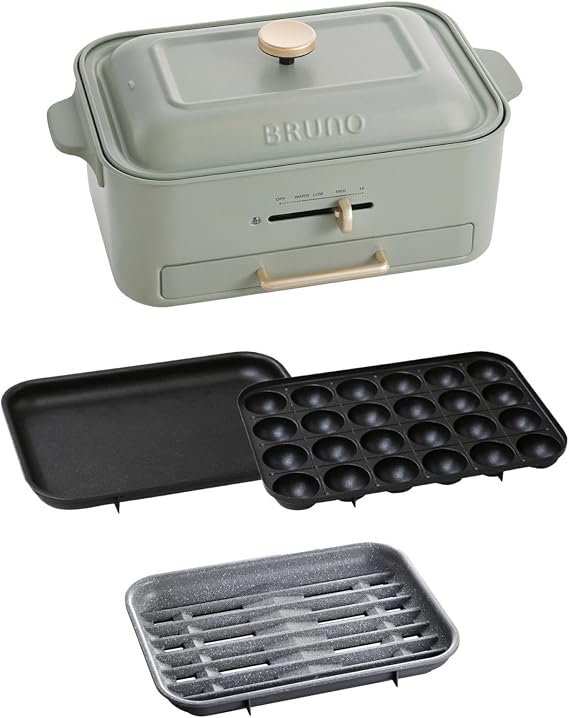 BRUNO BOE109-GR Compact Grill Hot Plate, Smoke-Reducing, Barbecue Grill, Barbecue Plate, Home Grill, Flat Plate, Takoyaki Plate, Smoke-Reducing Grill Plate, Green