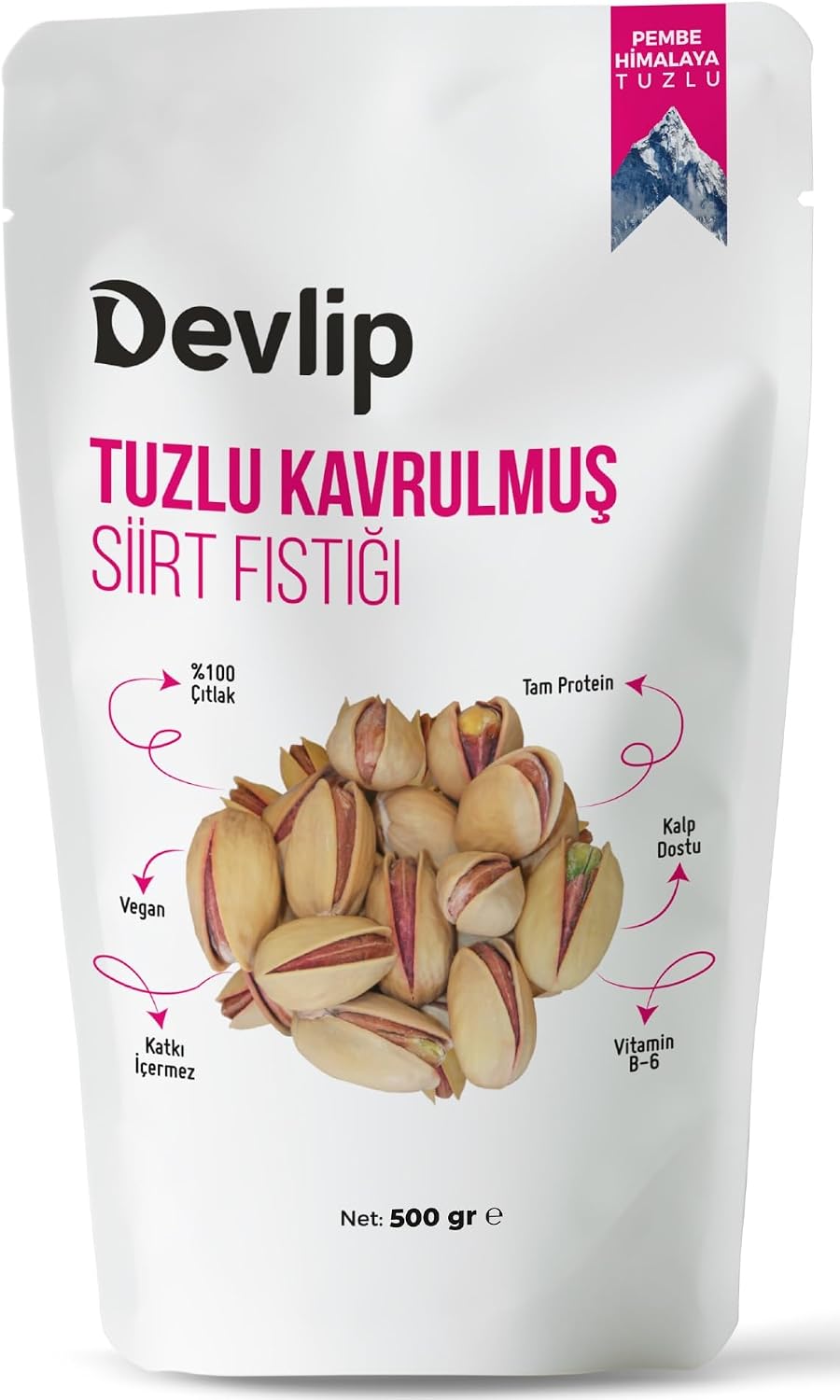 Devlip Pink Himalayan Salted Roasted Siirt Peanuts, 500 Grams, Ziplock (Open-Close) Packaging, Vegan, 100% Nutty