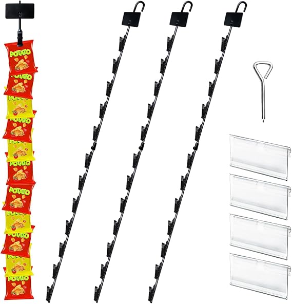 Hanging Merchandise Strips with Hooks Chip Display Rack Stands Potato Bag Holder 12 Clips for Retail 32 inches Displaying Black Label Headers Card Snacks Metal 4 Pack