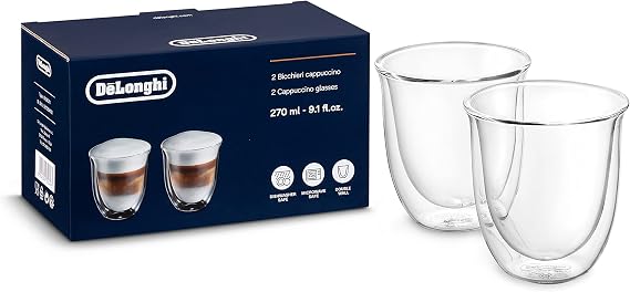 De'Longhi デロンギ Double Wall Glass DWG2S-190 Cup Coffee Cappuccino 190ml 270ml when full 2 pcs Double Structure Thermal Insulation and Cooling Property Latte Art De'Longhi Covered