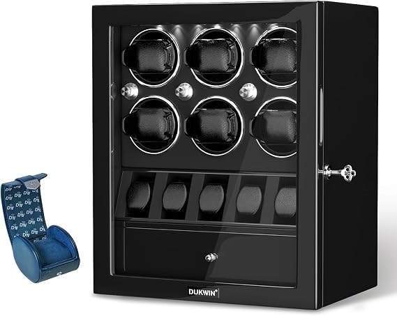 DUKWIN Watch Winder for 6 Watches and Black Leather Watch Roll 1 Slot, Set