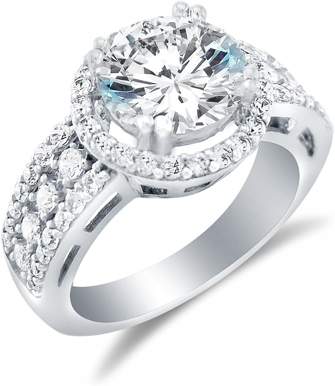 Solid 925 Sterling Silver Large Wide Round Brilliant Cut Solitaire with Round Side Stones Highest Quality CZ Cubic Zirconia Engagement Ring 3.5ct. With Elegant Velvet Ring Box