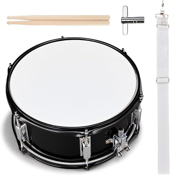 Professional Marching Snare Drum 12 x 5.5 Inch with Drum Stick, Carrying Strap & Tuning Wrench – Black Portable Practice Drum Kit for