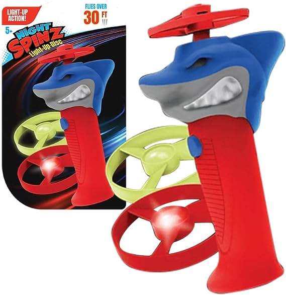 Spinz ナイトシャークフライングディスクランチャー ライトアッププロペラ アウトドアトイ 恐竜ヘッドとスピニングディスク2枚付き 30フィート以上 5年以上