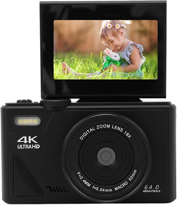 Digital Camera 64MP 4K Retro Camera with 3 Inch IPS Pop-up Screen 18x Zoom Anti-Shake Slow Motion Webcam Function Compact Vlog Camera for Boys and Girls (Black)