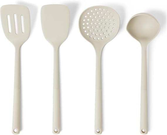 Amazon Basics Silicone Kitchen Spoons and Ladles Set, 4 Piece Set, Soft Grip Handle, BPA Free, Dishwasher Safe, Linen Grey
