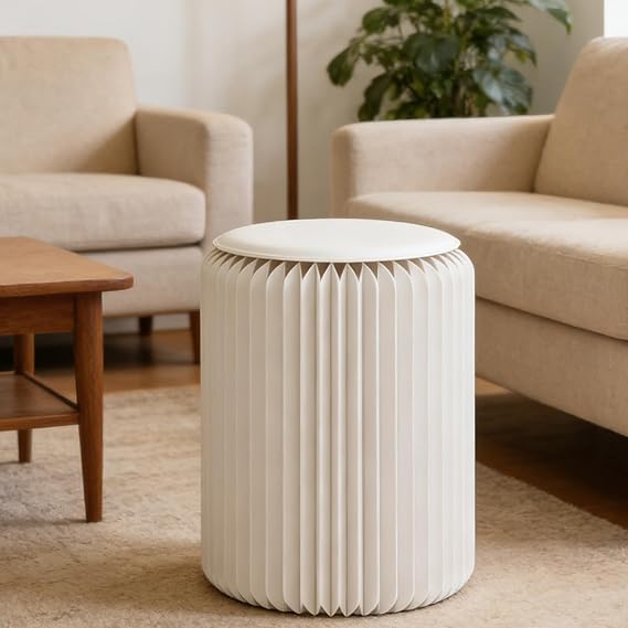 Modern Foldable Paper Stool Portable Folding Kraft Paper Stool Round Side table for Living Room White 32×30cm/12.60×11.81in