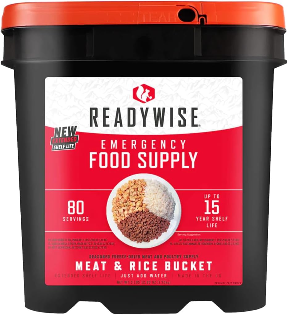 ReadyWise, 80 Servings, Meat &amp; Rice Bucket, Roasted Beef &amp; Chicken, Takeaway Food Kit, Freeze-Dried, Up to 15 Years Shelf Life, Emergency Food