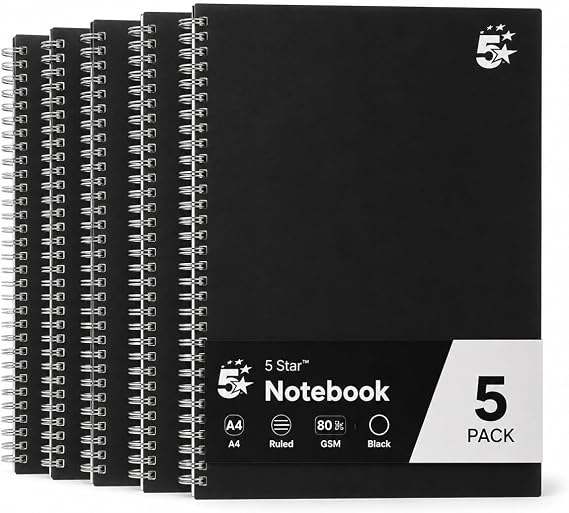 5 Star Notebook Wirebound Hard Cover Ruled 80gsm A4 Black [Pack of 5]