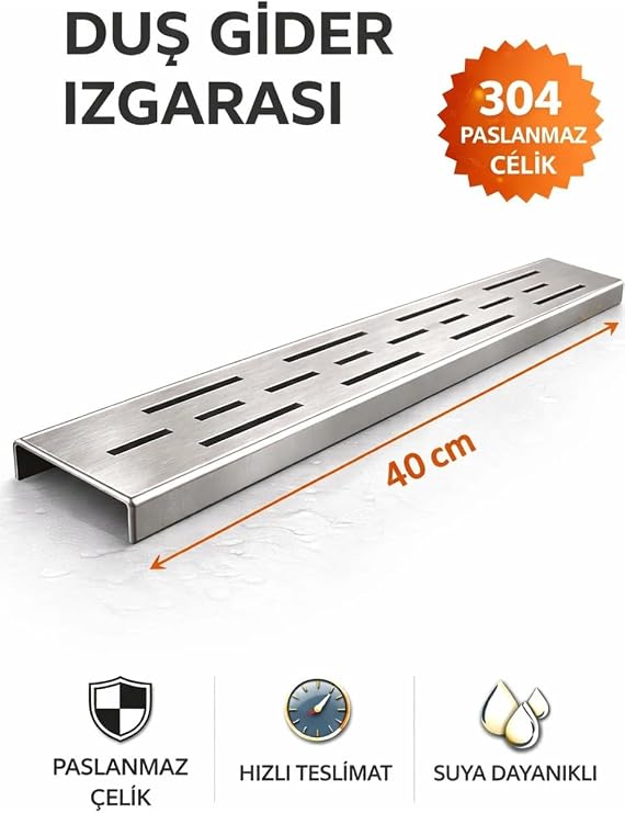 40 cm Lineer Duş Gider Izgarası – 304 Paslanmaz Çelik Banyo Yer Süzgeci, 5 cm Genişlik Üst Kanal Duş Gideri