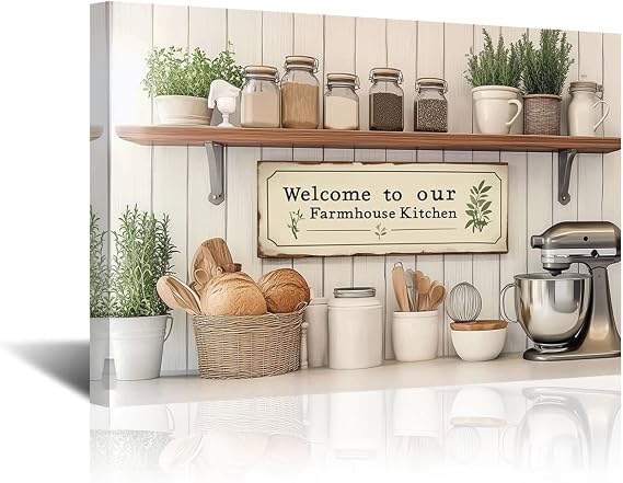 CXHOSTENT Farmhouse Kitchen Wall Art Country Tableware Pictures Prints Rustic Flowers Food Painting Vintage Kitchen Framed Artwork for Dining Room Restaurant