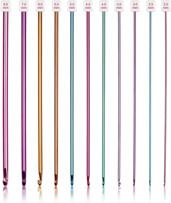 11pcs Tunisian Crochet Hooks Set – 2mm(B) to 8mm(L) Aluminum Afghan Knitting Needles 27cm/10.6inch Extra-Long Ergonomic Hooks for Beginners & Advanced Crocheters