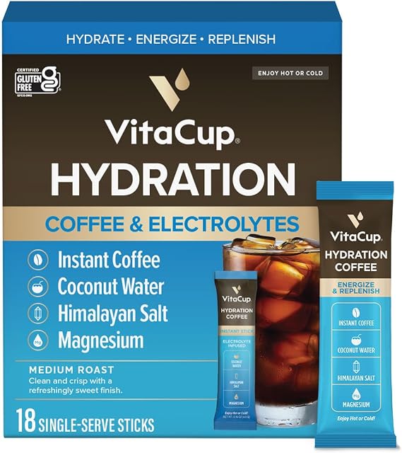 VitaCup Hydration Coffee Packets, The First Coffee That Hydrates You w/Electrolytes, Coconut Water, Pink Himalayan Salt, Magnesium, Medium Roast, Instant Coffee in Single Serve Sticks, 18 Ct