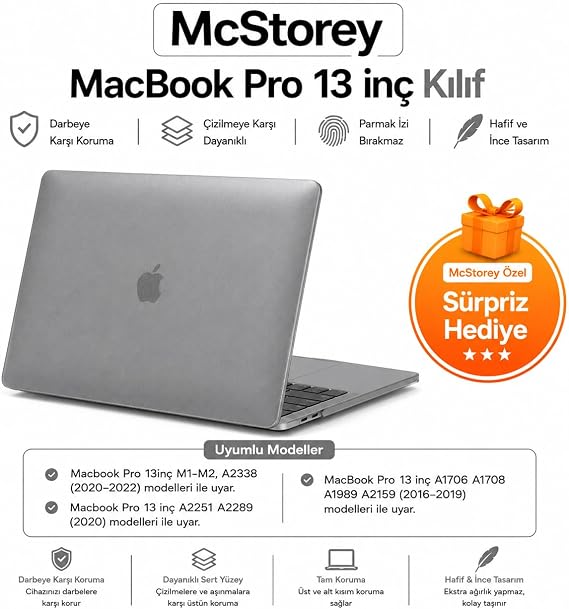 McStorey MacBook Pro 13 Kristal Şeffaf Kılıf A1706 A1708 A1989 A2159 A2251 A2289 A2338 M1 M2 Uyumlu Parmak İzi Bırakmaz İnce Hafif Sert Kapak Gri