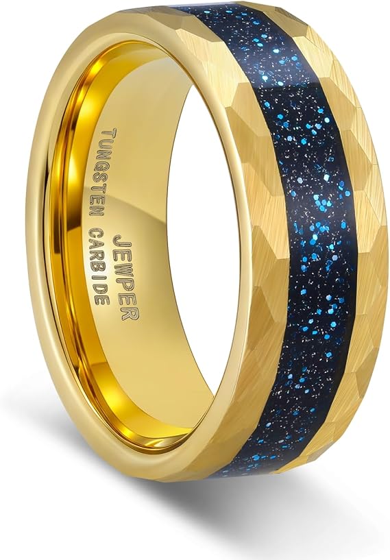 タングステンリング 男性用 8mm ブラック/シルバー/ゴールド ファッション プロミス 結婚指輪 槌目加工 溝 隕石 Orbo Carbide ベベル研磨エッジ 快適フィット