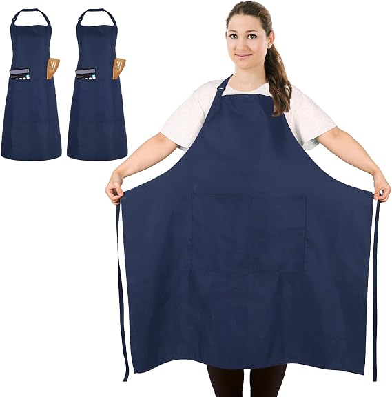 2 Pack Plus Size Waterproof Chef Apron with 2 Pockets for Men Women, Navy