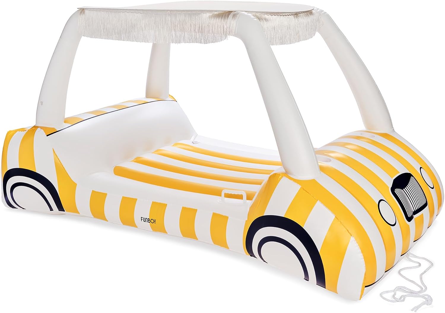 FUNBOY Yellow & White Cabana Striped Golf Cart Pool Float 90" Long, Two Cup Holders, Removable Fringe Shade, Float for Summer Pool Party and Entertainment