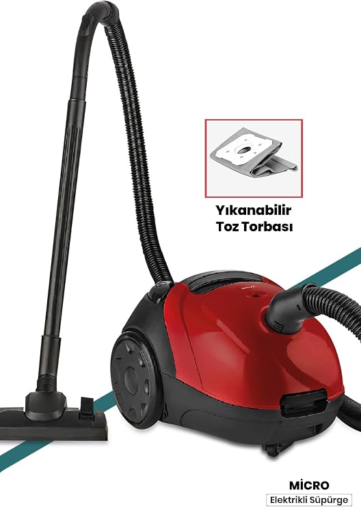 Micro Elektrikli Süpürge, Kırmızı, Toz Torbalı, 900W Motor, 2.5L Kapasite, 5.62 kg, Yıkanabilir SMS Filtre, Zemin Fırçalı, 5m Kablo
