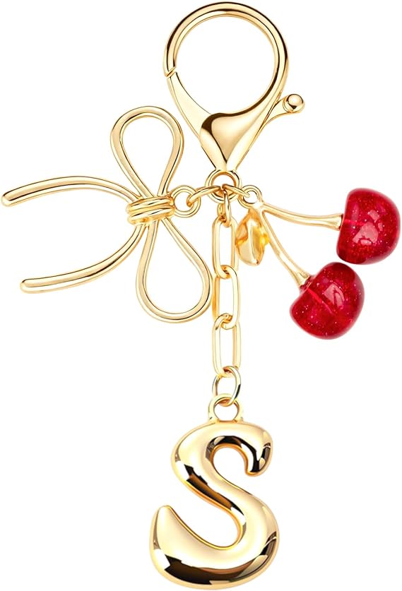Initial Keychain Letter Bag Charms for Women, With Bow and Cherry Cute Purse Handbag Accessories (Red Cherry and Initial A)