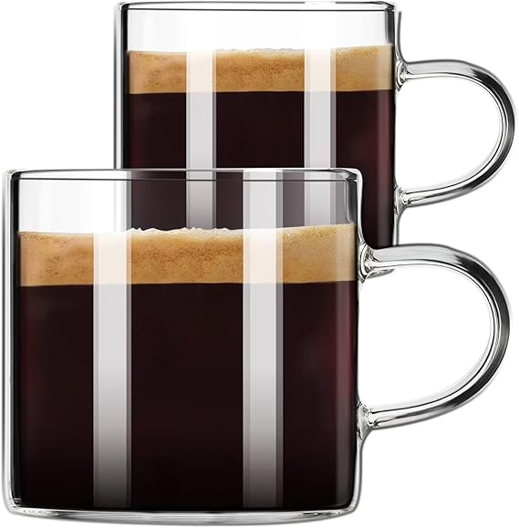 PARACITY Espressotassen einfachwandig 120ml mit Griff 2er-Set Bleifreies Borosilikat einfachwandig hitzebeständig Griff mikrowellengeeignet Espresso Tee Geschenk