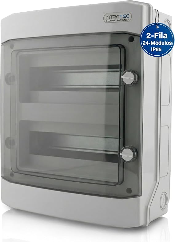 Intratec Surface Distribution Box 2 Row IP65 – Electrical Box for 24 DIN Modules – Waterproof Sub-Distribution Box for Outdoor Garage, Basement, Garden – 400VAC 1500VDC, 318 x 384 x 144 mm