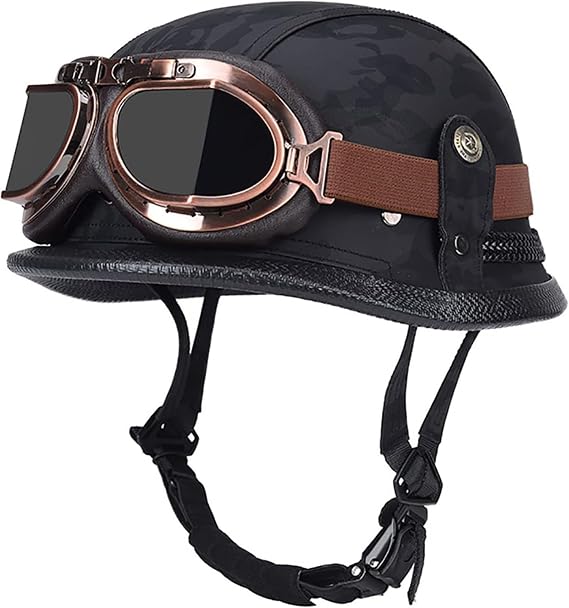 Retro Leather Motorcycle Half Helmet, Vintage Pilot Style Adult Open-Face Helmet Bike Cruiser Chopper Moped Scooter Motorbike Helmet ECE Certified B,L(59-60CM)