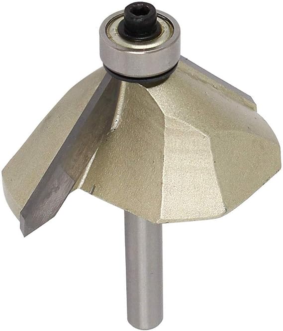 COMOK 1/4inch Shank 1inch Cutting Length Carbide Tipped Ball Bearing 45 Degree Chamfer Router Bit Two Flutes Corner Router Bit