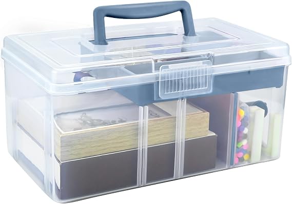 Stackable Clear Storage Craft Box with Lid, Mulit Purpose Storage Boxes with Compartment Tray Plastic, Medicine Chest Portable for Storing Toys, Arts Crafts, Stationery, Fishing (Blue)