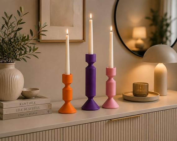 Modern Dekoratif Şamdan Seti 3'lü, Turuncu, Mor ve Pembe