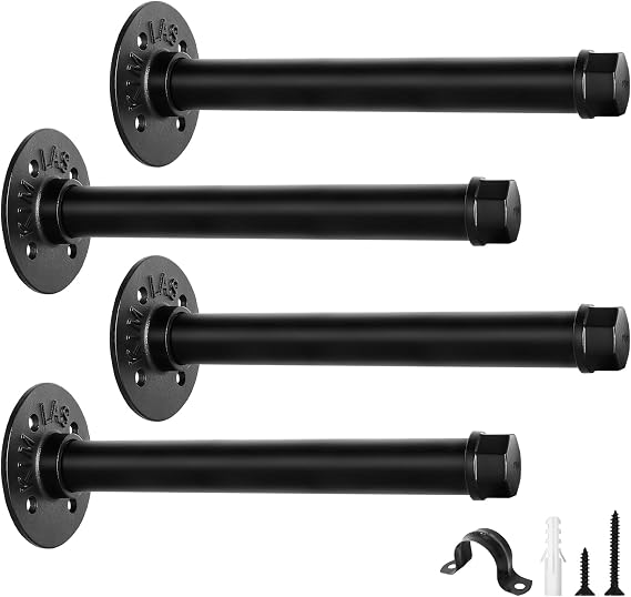 scicent 4 Pack Pipe Shelf Brackets Heavy Duty, 50KG Capacity, Industrial Shelf Bracket, Wall Mounted Clothes Rail, Hanging Rails for Clothes (Black 20cm)