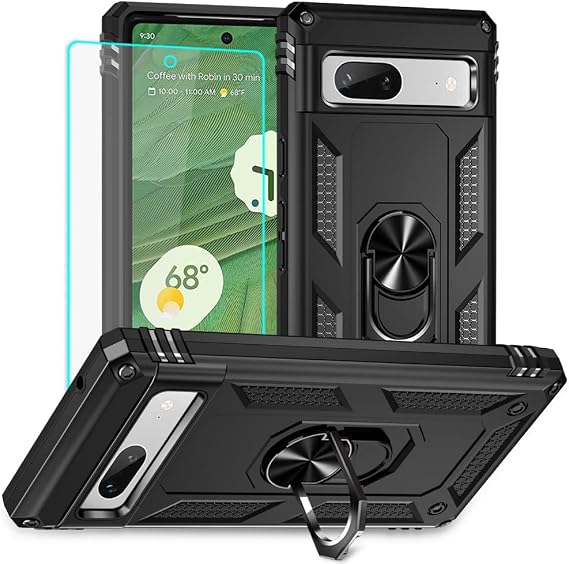 for Google Pixel 7A Case, Pixel 7A Case with HD Screen Protector, Silicone Shockproof Military Grade Protective Phone Cover with Ring Kickstand for Google Pixel 7A (Black)