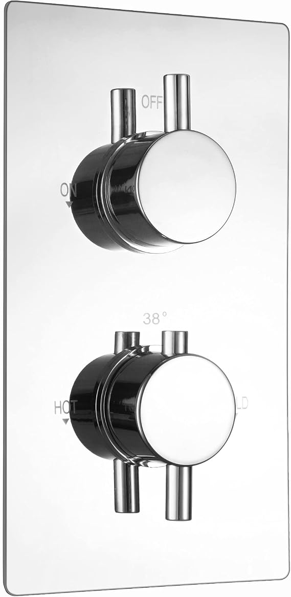 ENKI, Naples, TSV075, Concealed Thermostatic Twin Diverter Shower Mixer Valve with Two Outlets, Round Handles, Modern Bathrooms, Constant Temperature, Chrome