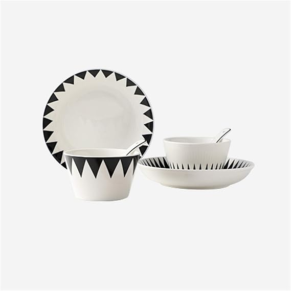 Dinner Plate Kitchen Dinnerware Set, Plates Bowls and Spoons, 6 Pieces, Service for 2, Personalized Ceramic Dinner Plate Sets Dishes Set, Geometric Patterns Tray(Color:A)
