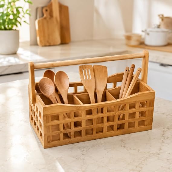 Bambu 4 Bölmeli Kaşıklık, Taşıma Saplı Mutfak Tezgah Üstü Organizer