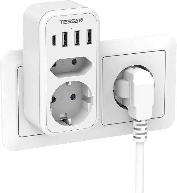 TESSAN Doppelstecker für Steckdose mit 3 USB C und 1 USB A Weiß