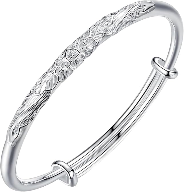 Women's Sterling Silver Bangle Bracelet,Adjustable 925 Silver Bangle Bracelet Women Sterling Silver Jewellery Birthday Gifts For Sisters Friend Couples Mom