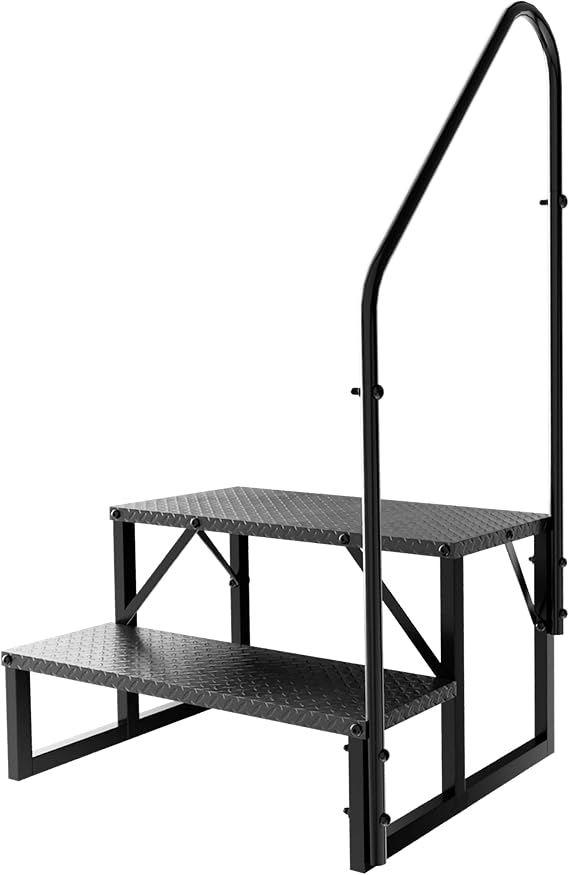Step Ladder RV Stairs with Handrails, Heavy Duty Carbon Steel Non-Slip Steps, 660 LBS Capacity for Camper, Trailer, Hot Tub, Mobile Home, Porch (2 Step)