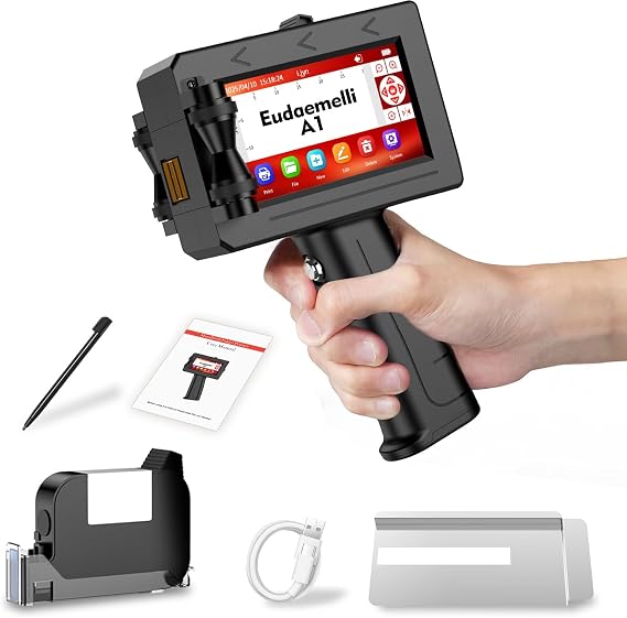 A1 Portable Handheld Printer, Portable Inkjet Printer with 42ML Quick Dry Ink Cartridge with 4.3 Inch Touch Screen for QRCode Text/Barcode/Number/Image