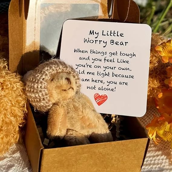 Little Bear in Box, Handmade Mini Plush Teddy Bear in Box, My Little Worry Bears, with Inspirational Card, Soft Handmade Teddy Keepsake for Lovers