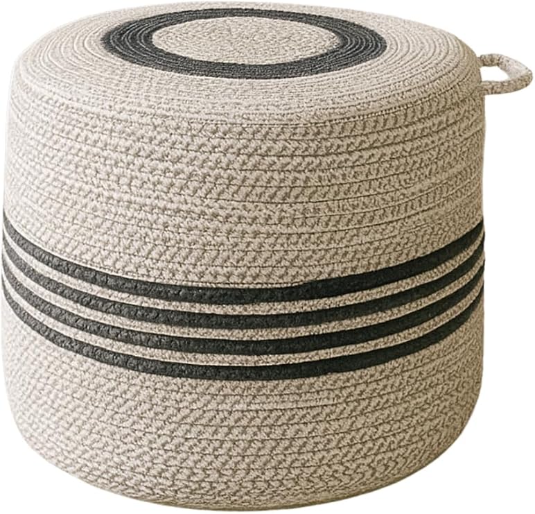 NatureLine Jüt PUF Salon Pufu Antre Puf Makyaj Masası ve Yatak Odası Banyo Puf Teras Veranda ve Balkon Uyumlu Hasır Dekoratif Dayanıklı ve Çok Amaçlı Puff (GRİ-ANTRASİT ŞERİT)