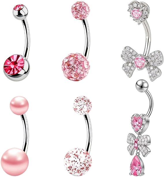 6 Pcs Pink Belly Button Bars Set,Stainless Steel Belly Bars,Love Bow Belly Button Piercing,for Both Men Women Navel Piercing Jewelry Suitable for Pairing Swimsuits Summer Beach Belly Button Barsing
