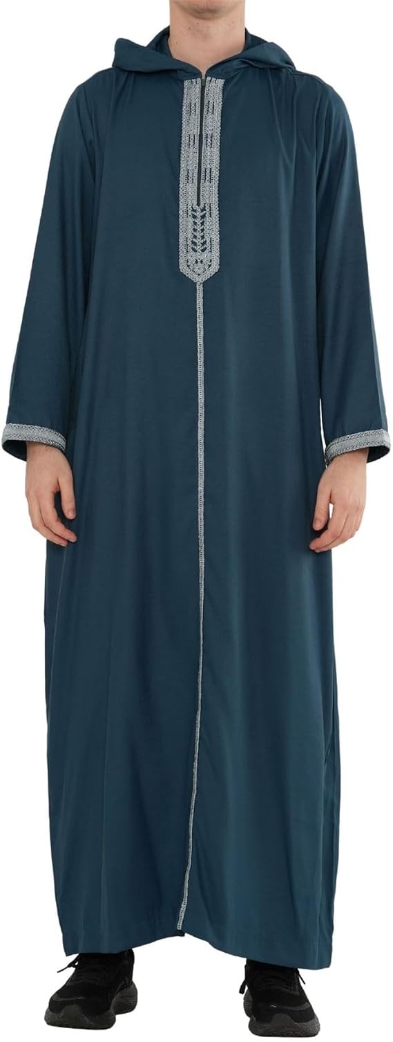 Men's Moroccan Thobe Hooded Djellaba Gandoura Embroidery Kaftan Eid Robe Hood Jubba