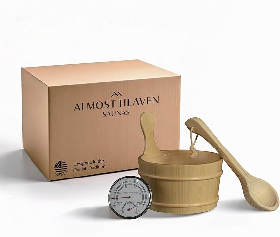 Almost Heaven Sauna Bucket & Ladle Set with Thermometer, Cedar Wood Bucket with Handle, Made in USA - Hot Rock Stirring Ladle - Luxury Accessories - Perfect Heat and Steam