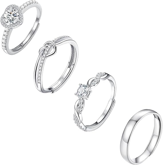 Sterling Silver Adjustable Rings For Women 4PCS Cubic Zirconia Heart Love Ladies Engagement Wedding Thumb Statement Promise Stacking Ring Jewellery Set